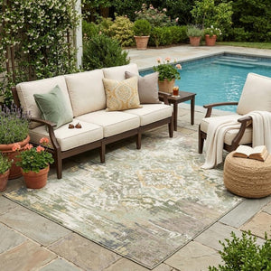 5 X 8 Sage Green Medallion Polyester Area Rug Washable Stain Resistant Indoor Outdoor