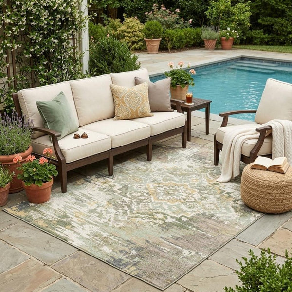 5 X 8 Sage Green Medallion Polyester Area Rug Washable Stain Resistant Indoor Outdoor