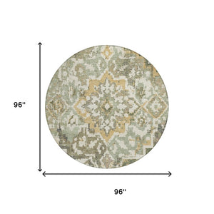 8 Ft Round Sage Green Medallion Polyester Rug Washable for Indoor Outdoor Use