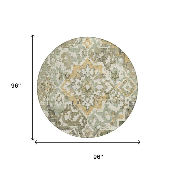 8 Ft Round Sage Green Medallion Polyester Rug Washable for Indoor Outdoor Use