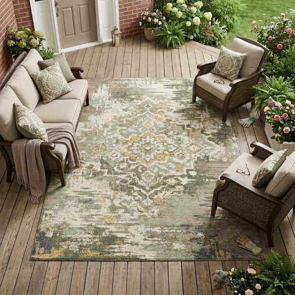 8 X 10 Sage Green Medallion Polyester Area Rug Washable Stain Resistant Patio