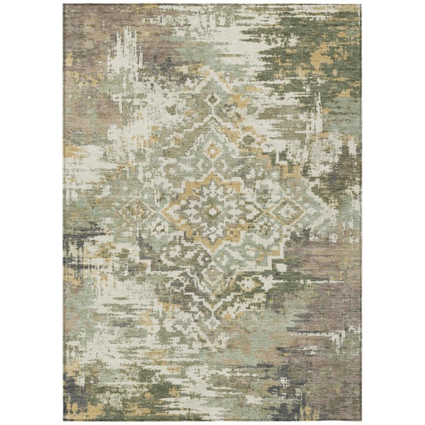 HomeRoots 8 X 10 Sage Green Medallion Polyester Area Rug Washable Stain Resistant Patio 740625
