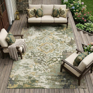 9x12 Sage Green Medallion Polyester Area Rug Stain Resistant Indoor Outdoor Patio