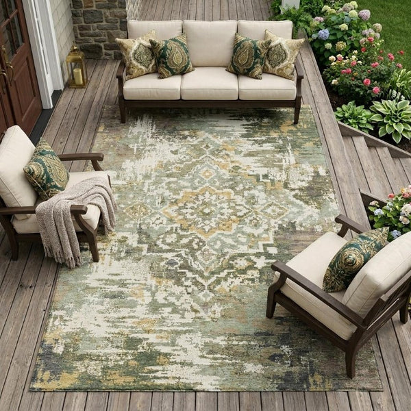 9x12 Sage Green Medallion Polyester Area Rug Stain Resistant Indoor Outdoor Patio
