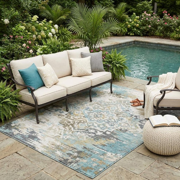 5x8 Teal Pewter Medallion Polyester Area Rug Stain Resistant for Patio or Living Room