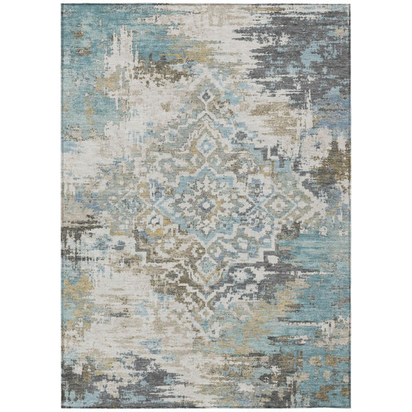 HomeRoots 5x8 Teal Pewter Medallion Polyester Area Rug Stain Resistant for Patio or Living Room 740629