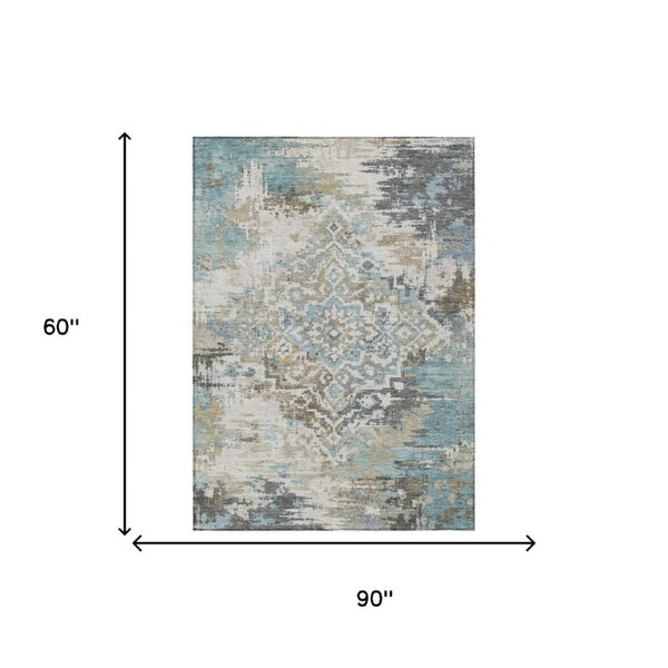 5x8 Teal Pewter Medallion Polyester Area Rug Stain Resistant for Patio or Living Room