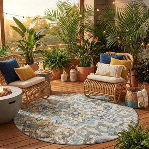 8 Ft Round Medallion Teal Pewter Polyester Rug Washable for Patio or Family Room