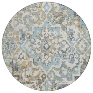 HomeRoots 8 Ft Round Medallion Teal Pewter Polyester Rug Washable for Patio or Family Room 740630