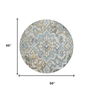 8 Ft Round Medallion Teal Pewter Polyester Rug Washable for Patio or Family Room