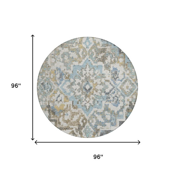 8 Ft Round Medallion Teal Pewter Polyester Rug Washable for Patio or Family Room