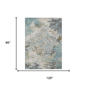 8 X 10 Teal Pewter Medallion Polyester Area Rug Stain Resistant Indoor Outdoor