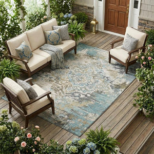 9 X 12 Teal Pewter Medallion Polyester Area Rug Washable for Patio or Living Room