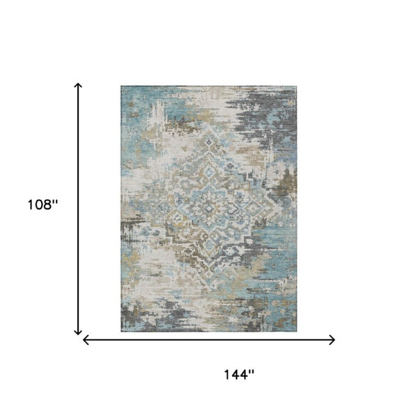 9 X 12 Teal Pewter Medallion Polyester Area Rug Washable for Patio or Living Room