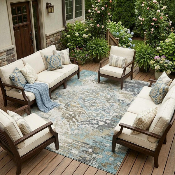 10 X 14 Medallion Polyester Area Rug Washable Stain Resistant for Patio or Living Room