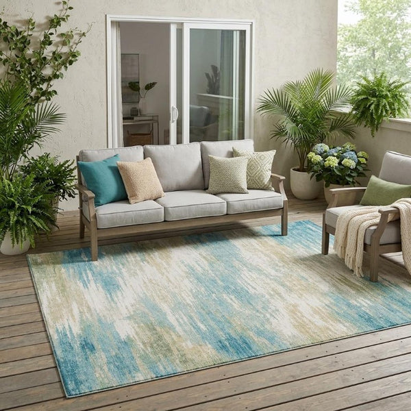 5x8 Abstract Teal Washable Polyester Area Rug for Indoor Outdoor Patio Use