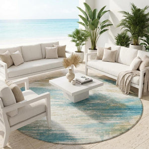 8 Ft Round Abstract Teal Polyester Rug Washable Stain Resistant Indoor Outdoor Use