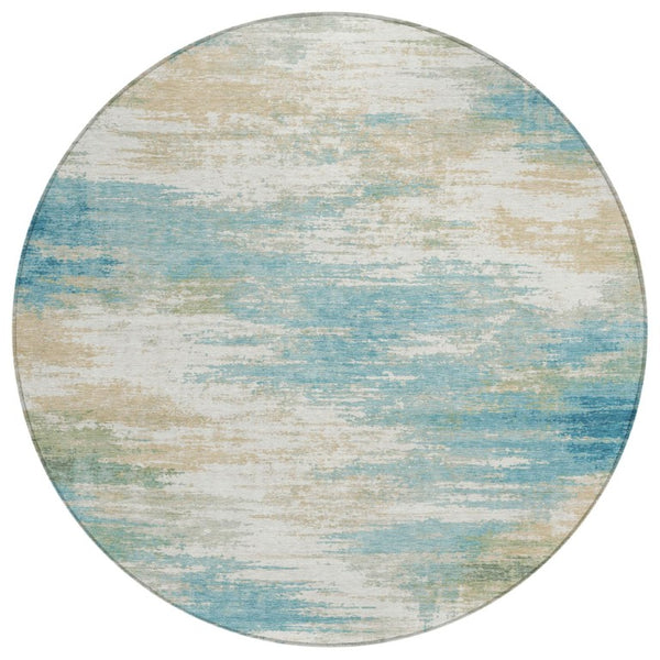 HomeRoots 8 Ft Round Abstract Teal Polyester Rug Washable Stain Resistant Indoor Outdoor Use 740642