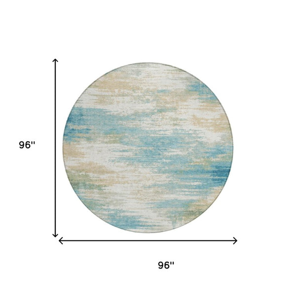 8 Ft Round Abstract Teal Polyester Rug Washable Stain Resistant Indoor Outdoor Use