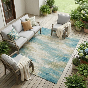 9 X 12 Teal Abstract Washable Polyester Rug for Patio Porch or Living Room