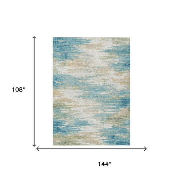 9 X 12 Teal Abstract Washable Polyester Rug for Patio Porch or Living Room