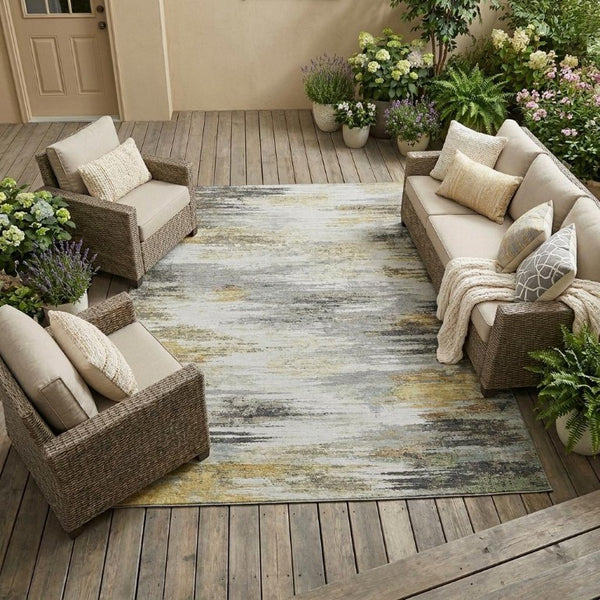 9 X 12 Gray Silver Abstract Polyester Area Rug Stain Resistant Indoor Outdoor
