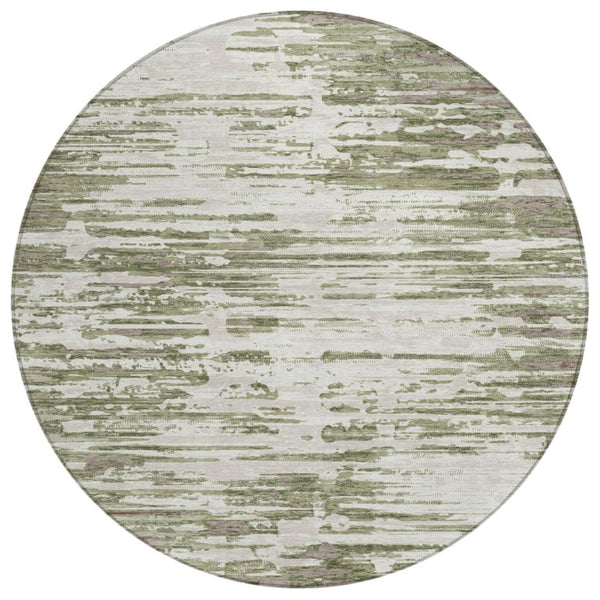 HomeRoots 8 Ft Round Abstract Polyester Area Rug Sage Green Washable for Indoor Outdoor Use 740666
