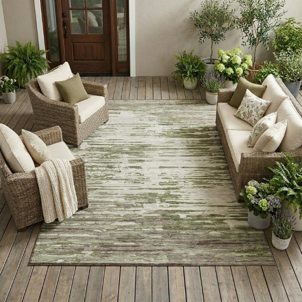 9 X 12 Sage Green Abstract Polyester Area Rug Washable for Patio Porch Living Room