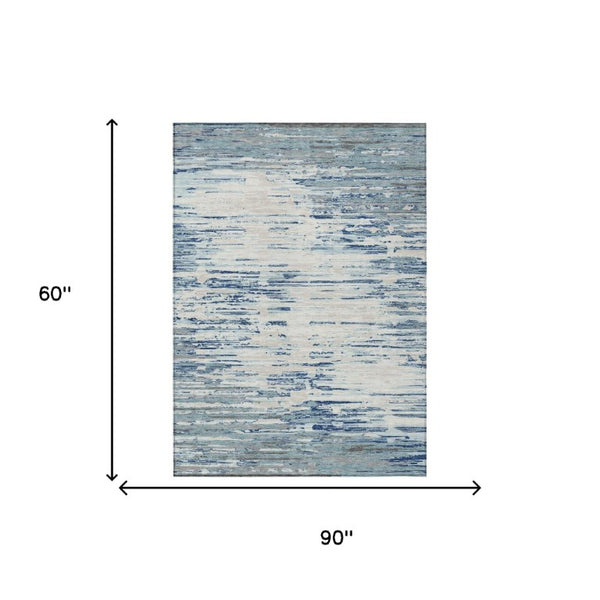 5 X 8 Abstract Blue Washable Polyester Area Rug for Indoor Outdoor Living Spaces