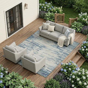 9x12 Abstract Sky Blue Washable Polyester Area Rug for Indoor Outdoor Living