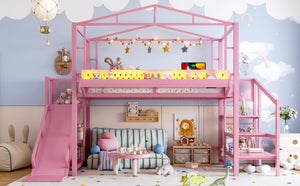 English Elm Twin Metal Loft Bed with Built-in Wardrobe Storage Stairs Led Lights and Usb Ports W5316S00048