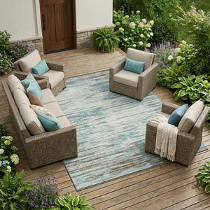 9x12 Abstract Teal Pewter Polyester Area Rug Washable Stain Resistant Patio Porch