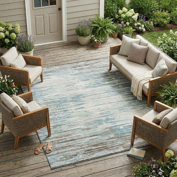 10 X 14 Abstract Teal Pewter Polyester Indoor Outdoor Rug Stain Resistant Washable