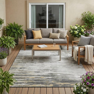 5 X 8 Abstract Gray Ivory Washable Polyester Rug for Indoor Outdoor Living