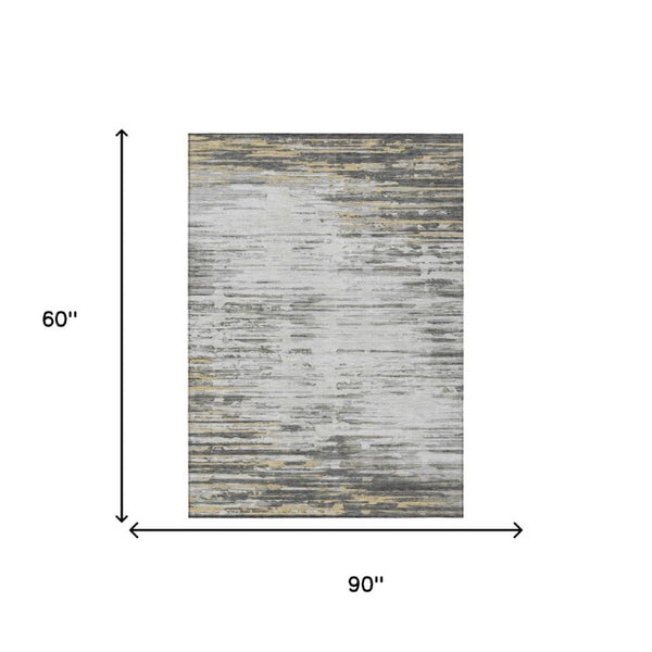 5 X 8 Abstract Gray Ivory Washable Polyester Rug for Indoor Outdoor Living