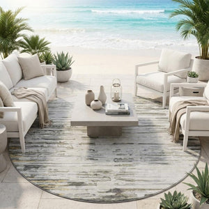 8 Foot Round Abstract Polyester Area Rug Washable Gray Ivory Indoor Outdoor
