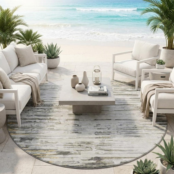 8 Foot Round Abstract Polyester Area Rug Washable Gray Ivory Indoor Outdoor