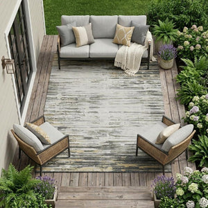 8 X 10 Gray Ivory Abstract Polyester Area Rug Washable for Indoor Outdoor Use