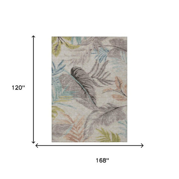 10 X 14 Floral Beige Brown Polyester Area Rug Washable Stain Resistant Indoor Outdoor