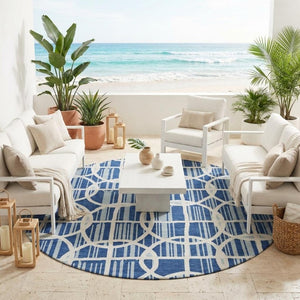 8 Foot Round Geometric Polyester Rug Washable Blue Silver Indoor Outdoor Use