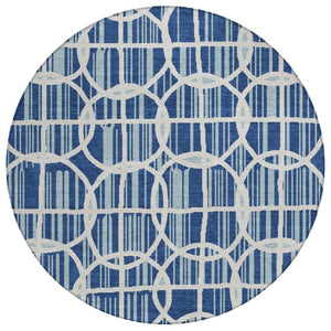 HomeRoots 8 Foot Round Geometric Polyester Rug Washable Blue Silver Indoor Outdoor Use 740696