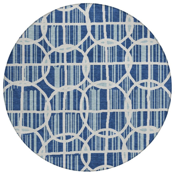 HomeRoots 8 Foot Round Geometric Polyester Rug Washable Blue Silver Indoor Outdoor Use 740696