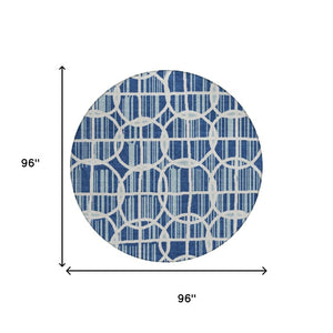 8 Foot Round Geometric Polyester Rug Washable Blue Silver Indoor Outdoor Use