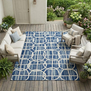 8 X 10 Blue Silver Geometric Polyester Area Rug Washable for Indoor Outdoor Use