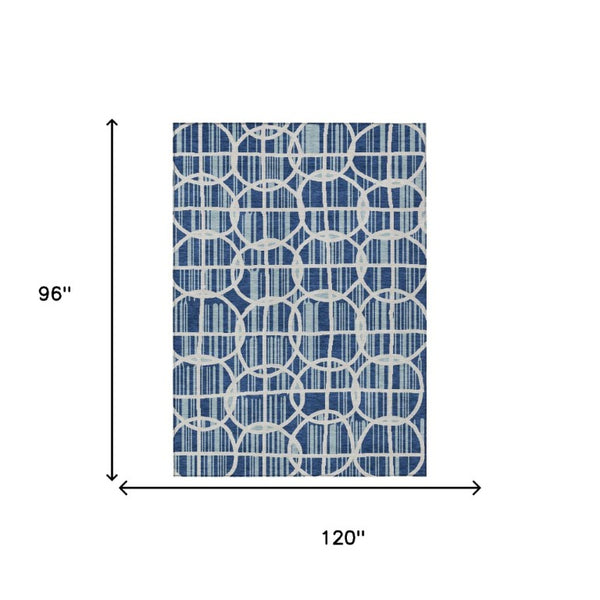 8 X 10 Blue Silver Geometric Polyester Area Rug Washable for Indoor Outdoor Use