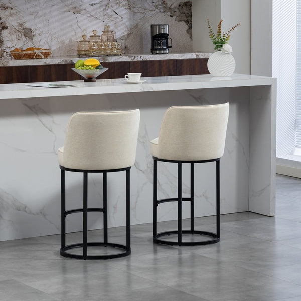 English Elm Counter Height Barstools Set of 2 Linen Upholstered Barrel Seat with Iron Legs Beige W395P410430