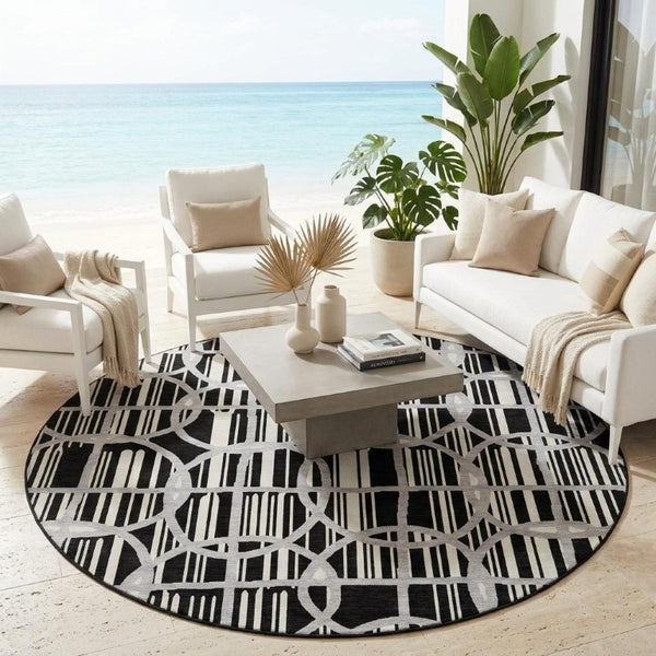 8 Foot Round Geometric Polyester Area Rug Washable and Stain Resistant for Patio or Home