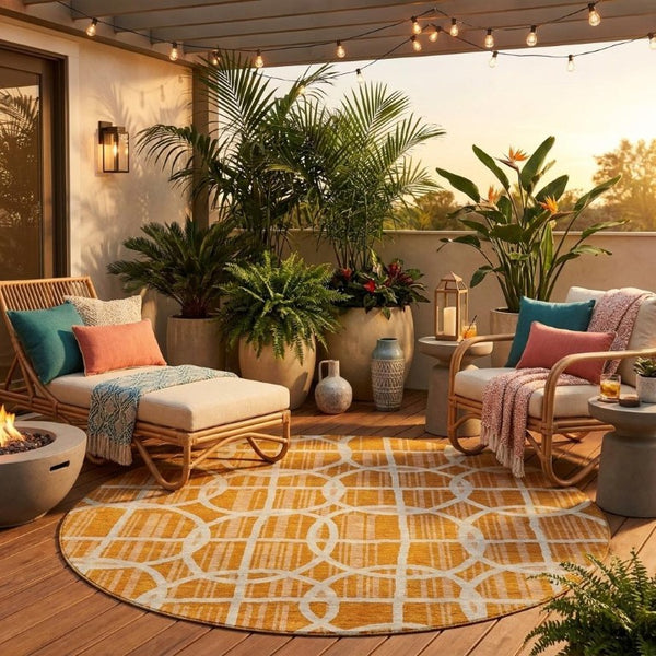 8 Foot Round Geometric Polyester Rug Washable Stain Resistant for Patio or Family Room