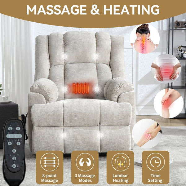 English Elm Dual Motor Power Lift Recliner Chenille Chair with Massage Heat and Infinite Positions Beige W3224P288434