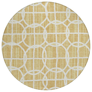 HomeRoots 8 Foot Round Geometric Polyester Rug Washable Stain Resistant Indoor Outdoor Gold 740726